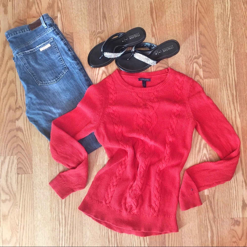 Tommy Hilfiger Red Cable Knit Crew Neck Sweater M